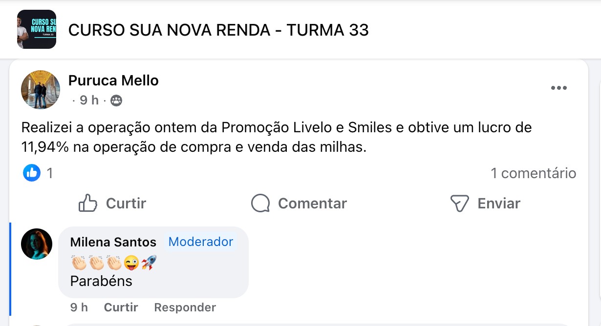 Print de aluno: lucro de 11,94% na operação de milhas