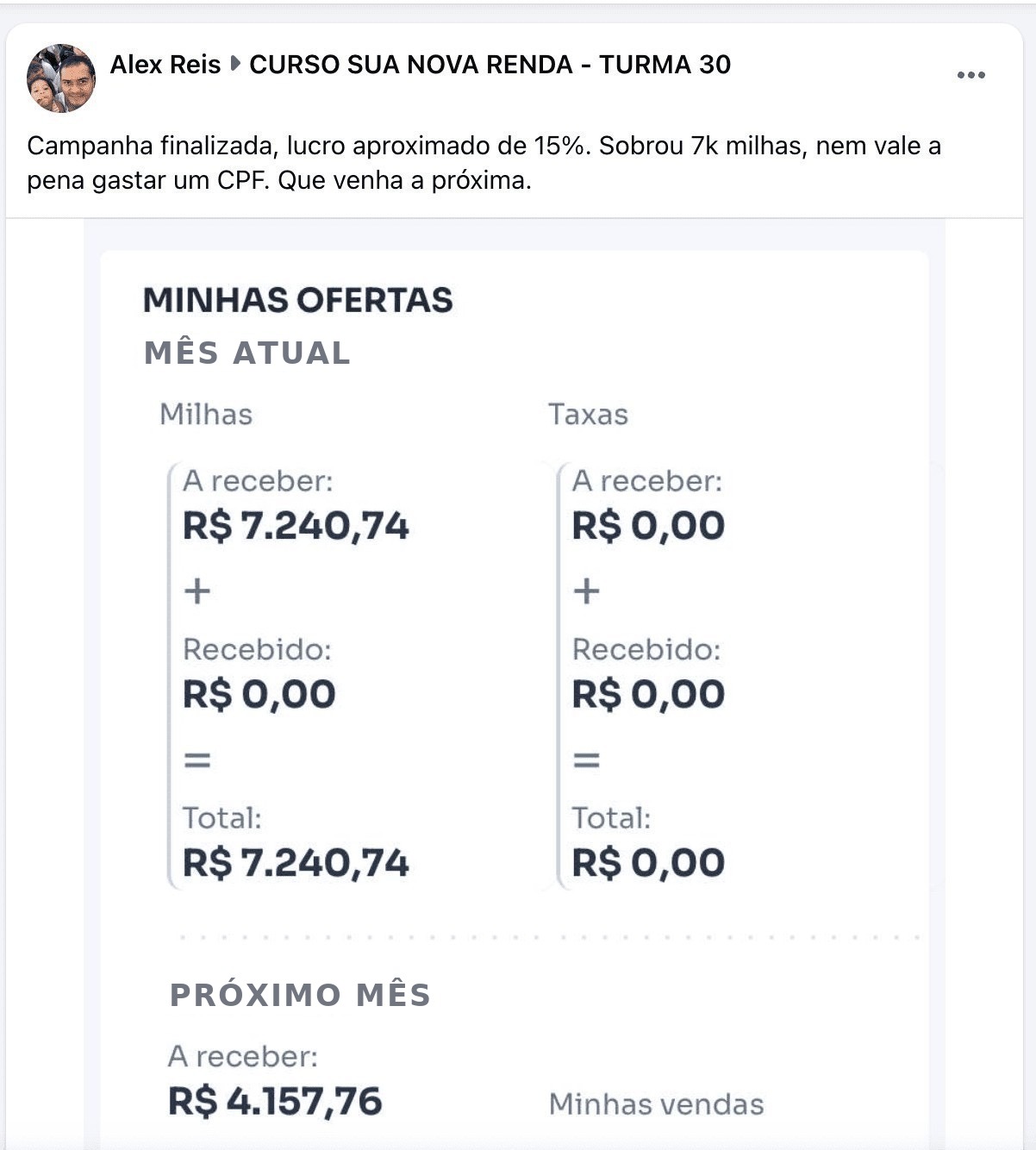 Print de aluno: campanha finalizada com lucro aproximado de 15%